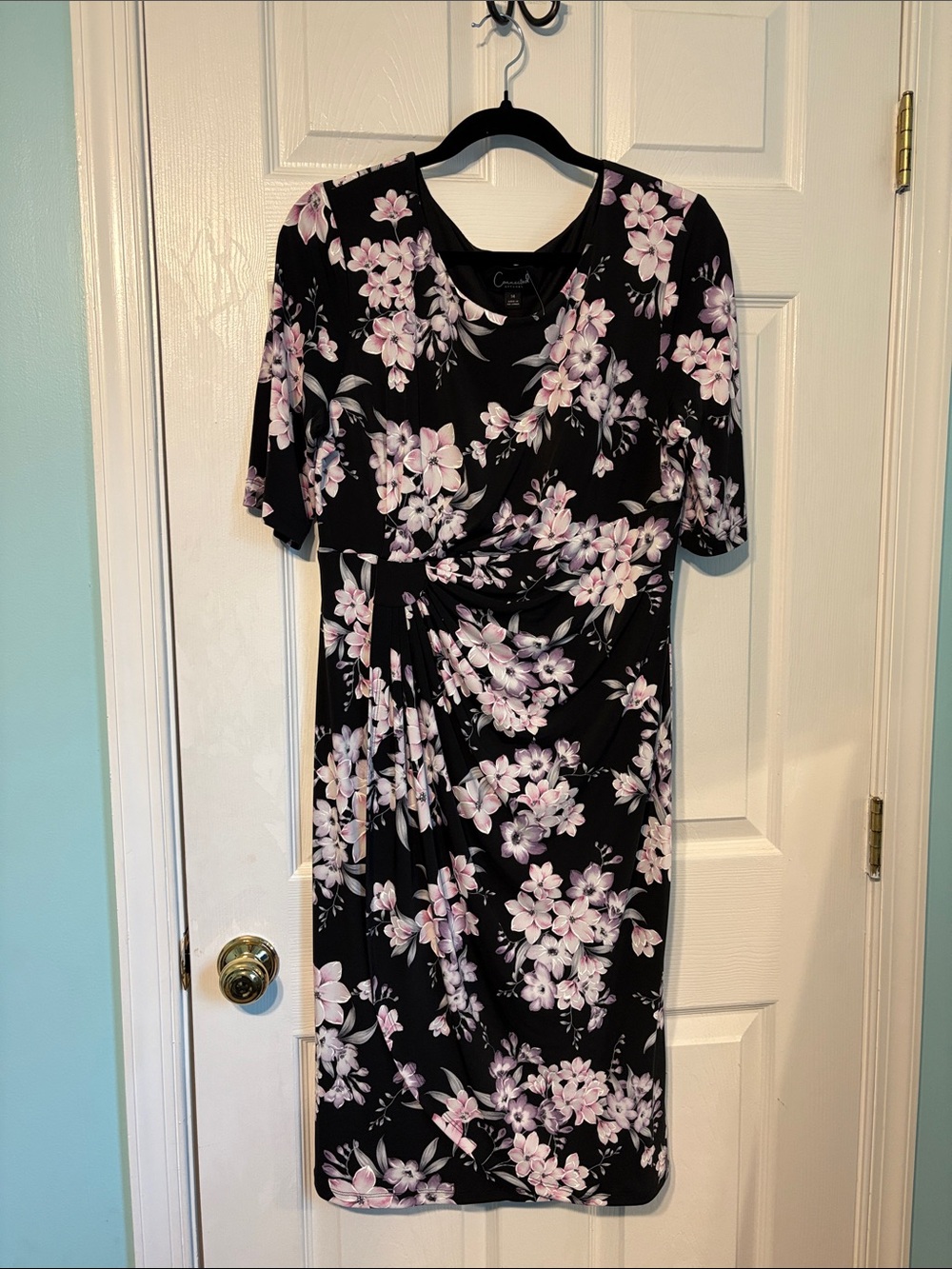 Floral Knot-Front Black Dress with Pink Blossom Print